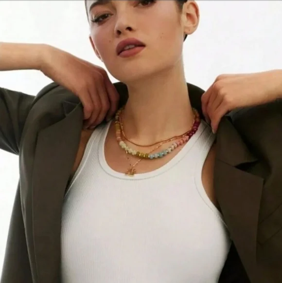 NEW!! Anthropologie Rainbow Multicolor Beaded Stones Gold Plated Necklace - Picture 4 of 7